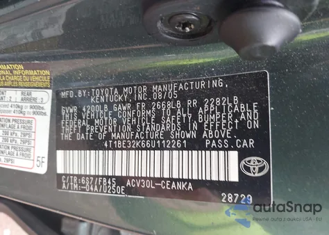 2006 Toyota Camry Le из США, поврежденный, VIN 4T1BE32K66U112261